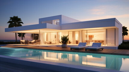 Exterior view of a modern cubic villa featuring a swimming pool, captured at sunset. Generative AI