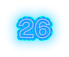 Blue neon alphabet letters, numbers, and signs on a transparent background