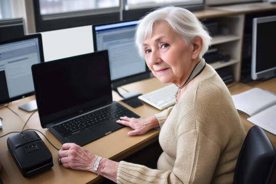senior citizen contributes to the modern office environment, skillfully utilizing technology to enhance productivity and efficiency