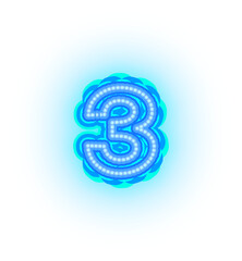 Blue neon alphabet letters, numbers, and signs on a transparent background