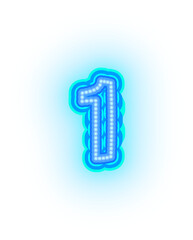 Blue neon alphabet letters, numbers, and signs on a transparent background