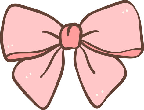 Cute coquette pink hair bow doodle outline illustration