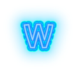 Blue neon alphabet letters, numbers, and signs on a transparent background