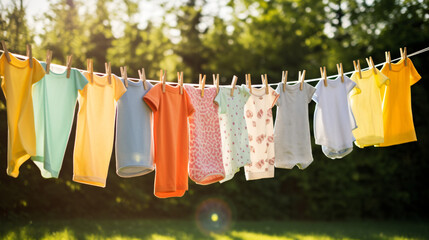 Colorful children's clothing dries on an outdoor clothesline, bathed in sunlight to protect against fading colors. Modern organic baby detergents and washing techniques employed. Generative AI
