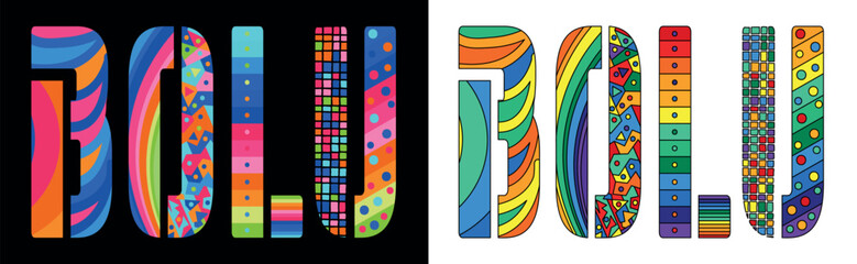 BOLU. Unique colorful friendly text. Modern style. Bright isolate letters, creative multicolored decoration inside. Place in Turkey BOLU for web resources, Turkish travel print, typography, t-shirt
