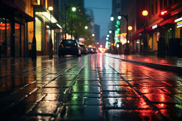 moody and cinematic quality of a rainy street at night, where the glow of streetlights reflects off wet pavement, creating a scene of urban noir