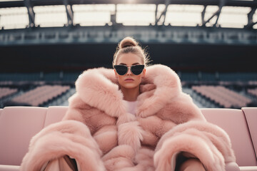 A luxurious woman stands confidently in a stadium, adorned in a fashionable fur coat and stylish sunglasses, embodying the power of fashion and the strength of the modern woman - obrazy, fototapety, plakaty