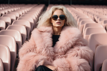 A stylish woman with luxurious fur clothing stands confidently in an indoor stadium, her sunglasses and pink fur coat adding an extra spark of flair to her look - Powered by Adobe
