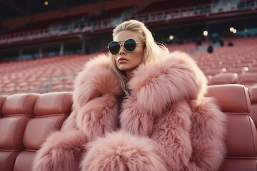 A luxurious woman strides confidently through the stadium in her fashion-forward pink fur coat and leather sunglasses, radiating power and style - obrazy, fototapety, plakaty