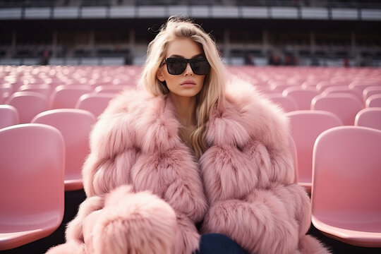 A stylish woman in a luxurious pink fur coat sits in a leather chair, her sunglasses adding a hint of mystery to her fashionable look in the indoor stadium