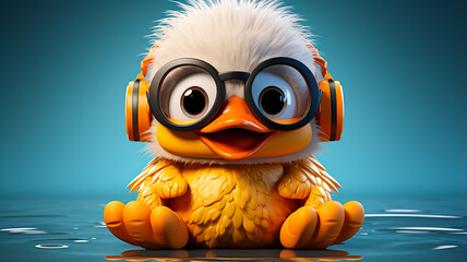 cartoon funny baby bird with headphones and headphones