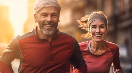 Obraz premium A pair of adults captured in a close-up shot during their morning run, with motion blur in the background. Generative AI.