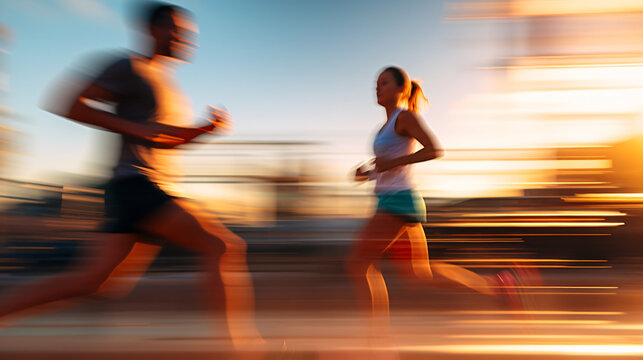 A pair of adults captured in a close-up shot during their morning run, with motion blur in the background. Generative AI.