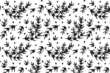 Seamless background black and white pattern with sea buckthorn berries. Vector seamless pattern with a pattern of berries on a branch