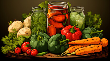 fresh vegetables in a glass jar.