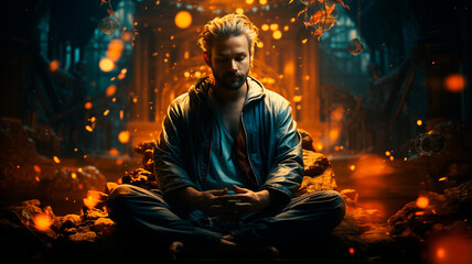 Obraz premium man in a white robe with burning fire