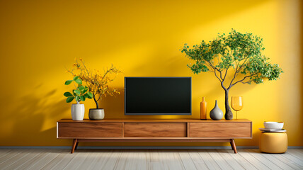  empty living room interior design with tv and plant on wooden floor.