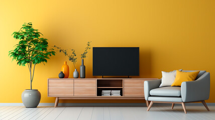  empty living room interior design with tv and plant on wooden floor.