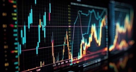 Financial data indicators on a monitor, precisionist lines and shapes, projection mapping, dotted. created by generative AI technology.