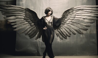 A sense of enchantment surrounds the portrait of the woman adorned with majestic wings.