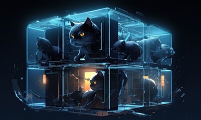 In a sci-fi realm, a cat resides within a sleek and futuristic cube.