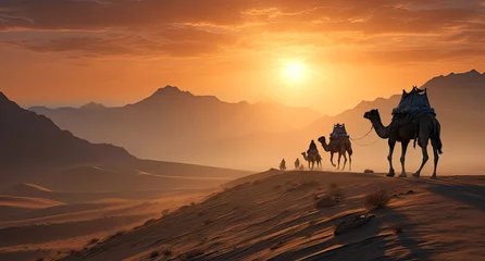 Poster Camels traveling in the middle of the desert with sky in the sunset orange background. created by generative AI technology. © hakule