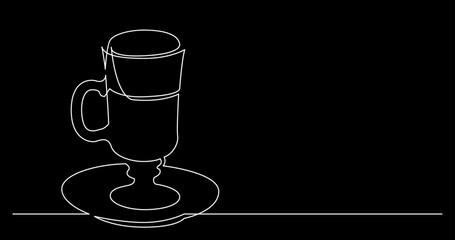 continuous line drawing vector illustration with FULLY EDITABLE STROKE of tea or coffee drinks as a concept of cafe on black background