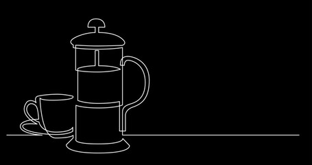 continuous line drawing vector illustration with FULLY EDITABLE STROKE of tea or coffee drinks as a concept of cafe on black background