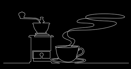 continuous line drawing vector illustration with FULLY EDITABLE STROKE of tea or coffee drinks as a concept of cafe on black background