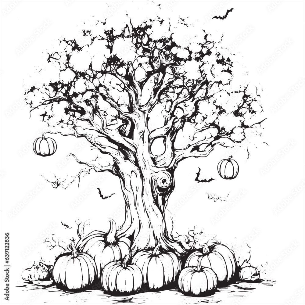 Wall mural Halloween scary tree vector with halloween pumpkin sketch isolated on white background. Halloween tree in vintage style and pumpkin vector illustration. - Wall murals