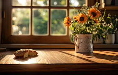 Wooden clean table with cake, The sun shines through the window. created by generative AI technology.