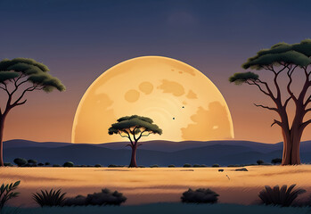 Savannah landscape with acacia trees at night vector cartoon illustration, ai generated
