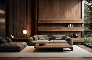 large living room featuring wooden paneling. soft sofa. created by generative AI technology.