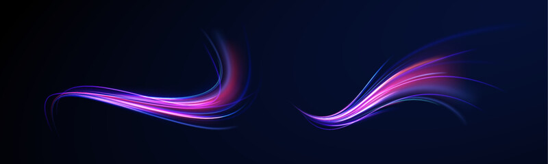 Cyberpunk light trails in motion or light, light footprints of motion. LED glare tape. Panoramic high speed technology concept, light abstract background. 