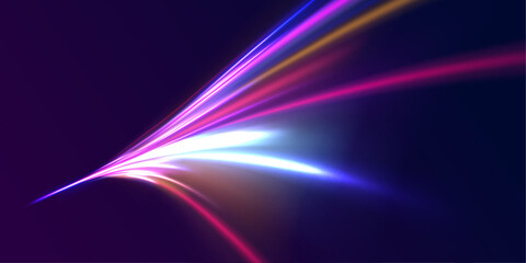 Horizontal night road in the form of a panorama with neon lights. Car motion trails. Speed line motion vector background. 