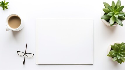  a white table topped with a cup of coffee and a white paper.  generative ai