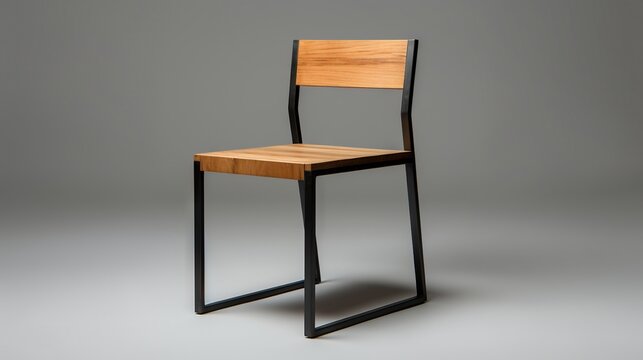  a wooden chair with a metal frame and a wooden seat.  generative ai
