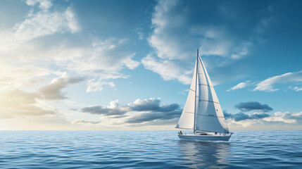 Sailboat gracefully sails over the undulating waves of a pristine ocean with a modern...