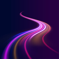 light road in the form of a swirl, neon color. Speed line with sports cars. Technology stream design illustration. 