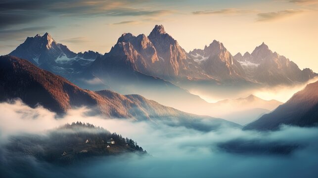  a view of a mountain range covered in fog and clouds.  generative ai