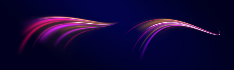 Futuristic vector lines or night road on a dark background in neon colors. Laser beams luminous abstract sparkling isolated on a transparent background. 
