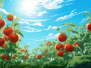 Tomatoes growing on a field, low angle shot with cloudy, blue sky and sun