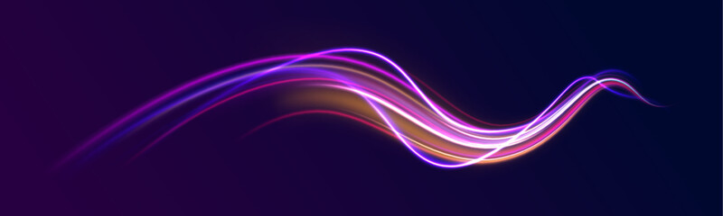 Futuristic vector lines or night road on a dark background in neon colors. Laser beams luminous abstract sparkling isolated on a transparent background. 