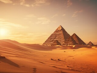 Fototapeta na wymiar Ancient Pyramids between golden dunes in a hot desert