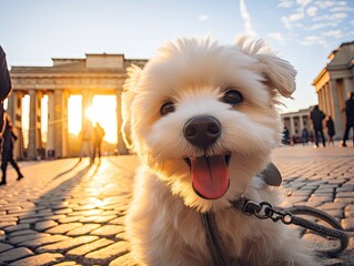 A cute dog smiles while taking a selfie in front of Brandenburg Gate - 639123681