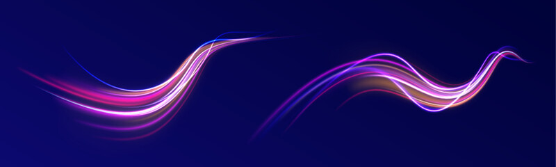 Elegant bright neon linear wave. Abstract light lines of movement and speed with blue color and sparkles.  The effect of speed on a blue background. Vector Illustration.	