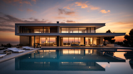 Fototapeta premium Exterior view of a modern cubic villa featuring a swimming pool, captured at sunset.Generative AI
