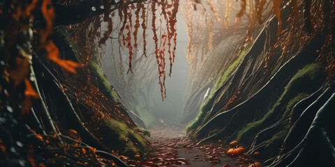 Creepy Forest Path in Forest, Tree Roots, Hanging Vines Autumn Leaves Foggy Background Wallpaper