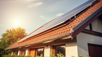 Obraz premium Close-up of a new building featuring solar panels on the roof, highlighting sustainable and clean energy in a modern home setting.Generative AI