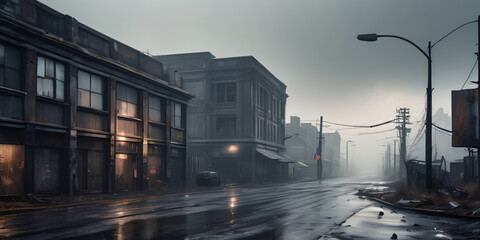 Obraz premium Post Apocalyptic City Wet Ground Cloudy Sky Debris Foggy Atmosphere